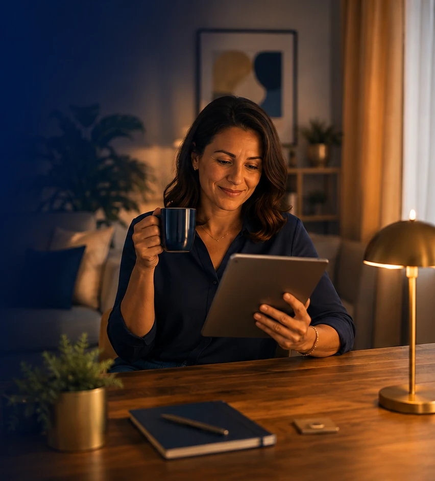 Mujer revisando sus tarifas de luz y gas en una tableta, en casa